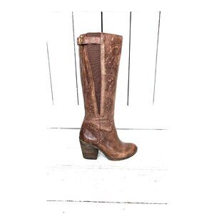 Lucky Brand distressed brown leather tall knee length chunky heel boots